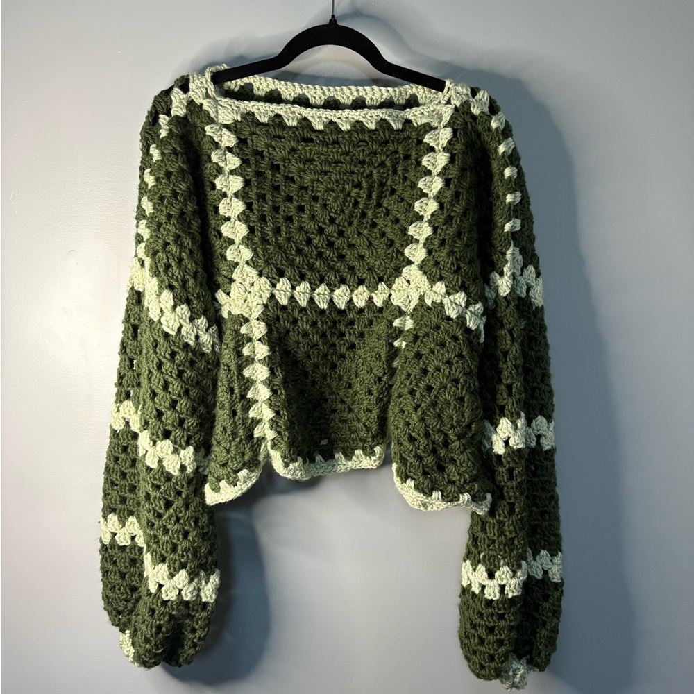 Handmade Trendy Army Green Crochet Sweater Balloon Sleeve Comfy Oversized M/L